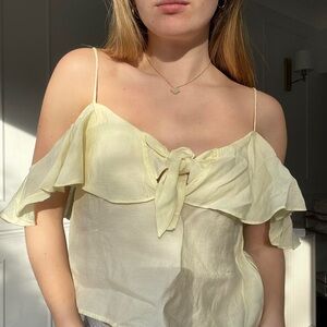 Zara Pale Yellow Ruffle Tie-Front Cold Shoulder Top